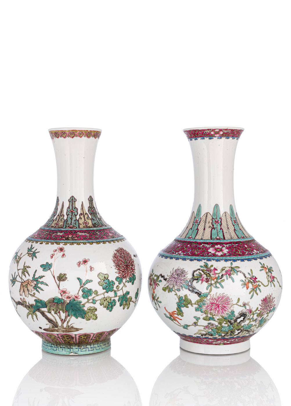 <b>TWO 'FAMILLE ROSE' CHRYSANTHEMUM AND POMEGRANATE PORCELAIN BOTTLE VASES</b>