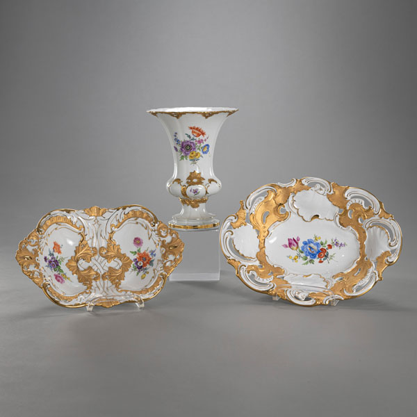 <b>TWO FLORAL AND RELIEF PATTERN MEISSEN BOWLS AND A VASE</b>