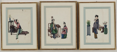 <b>THREE PITH PAINTINGS OF ELEGANT LADIES</b>