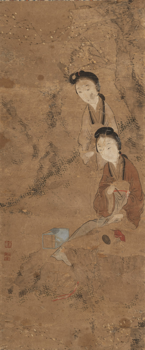 <b>Im Stil von Yu Ji (1738-1823): Zwei Damen im Garten. Hängerolle, Tusche und Farben auf Papier</b>