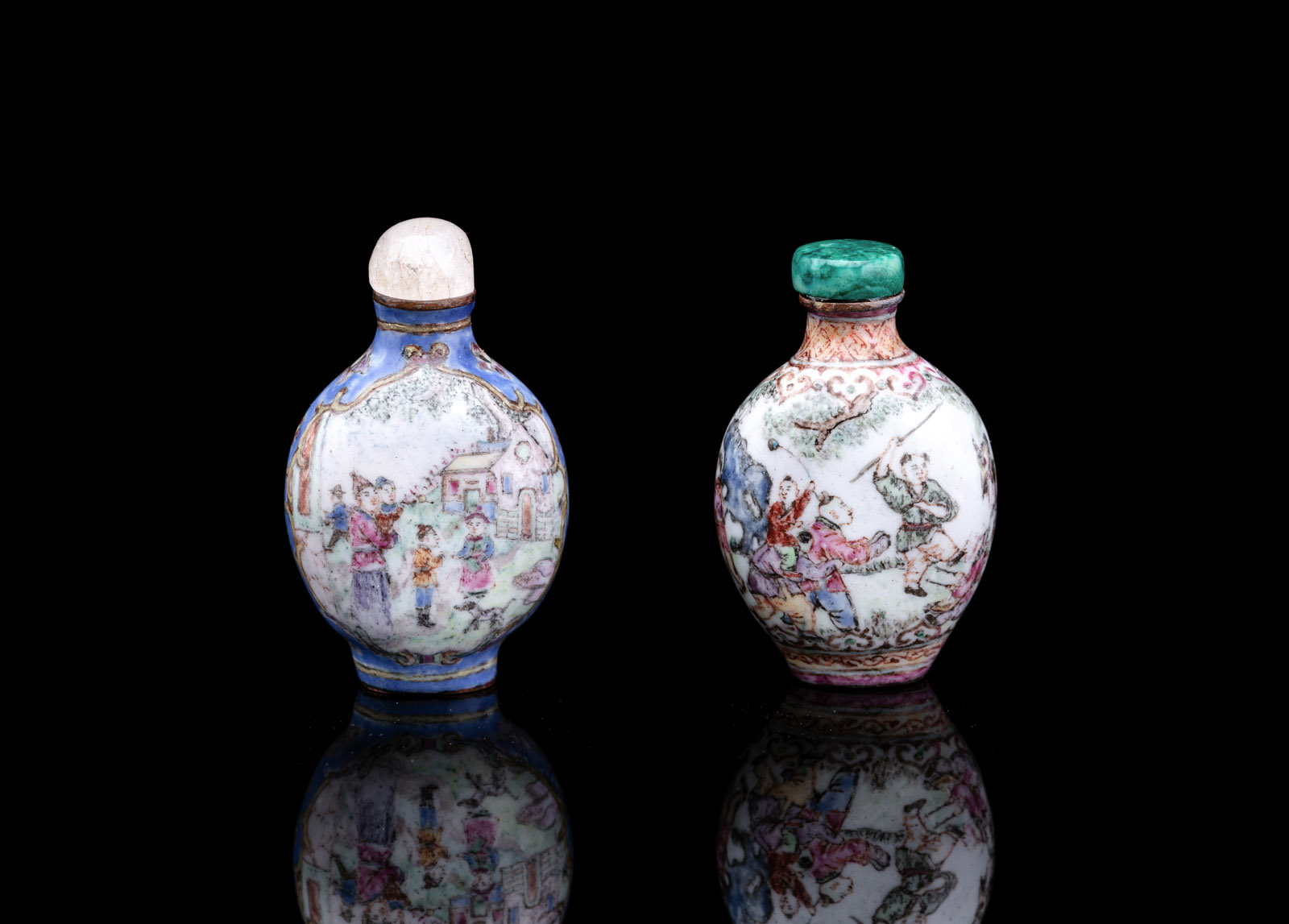 <b>TWO FINELY PAINTED ENAMEL SNUFFBOTTLES WITH PLAYING BOYS OR FIGURAL SCENES</b>