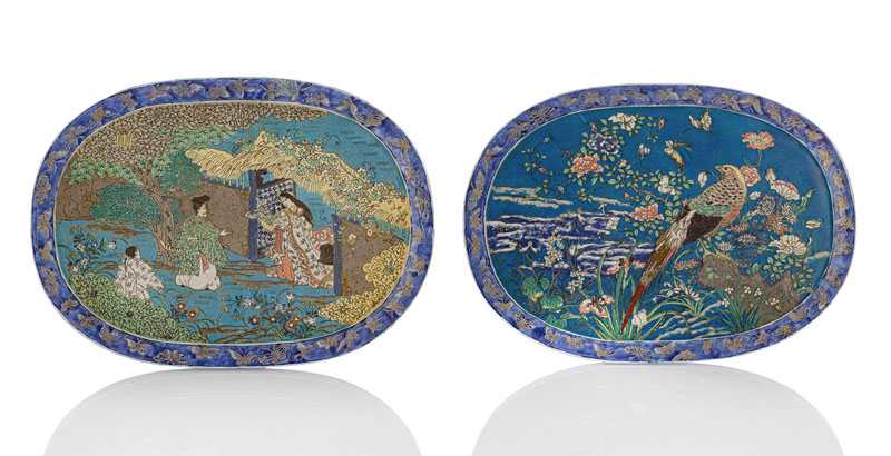 <b>Paar ovale Seto-Porzellanplatten mit Cloisonné-Dekor</b>