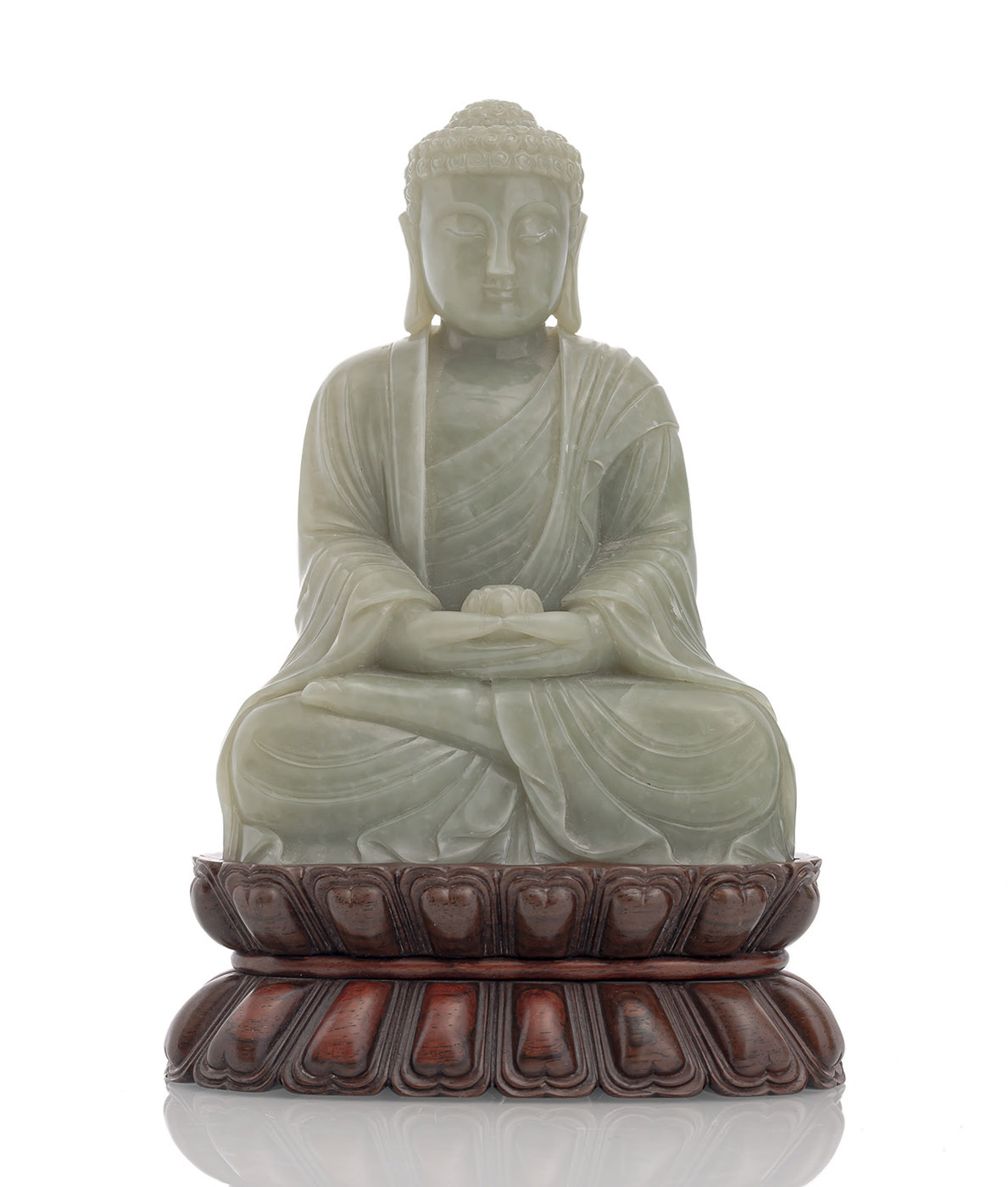 <b>Figur des sitzenden Buddha aus hellgrüner Jade, in den Händen einen Lotosschale haltend</b>