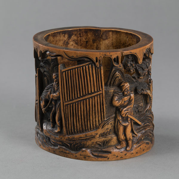 <b>A CYLINDRICAL BAMBOO BRUSH POT DEPICTING A SCENE FROM A NOVEL, PARTLY OPENWORK CARVED</b>