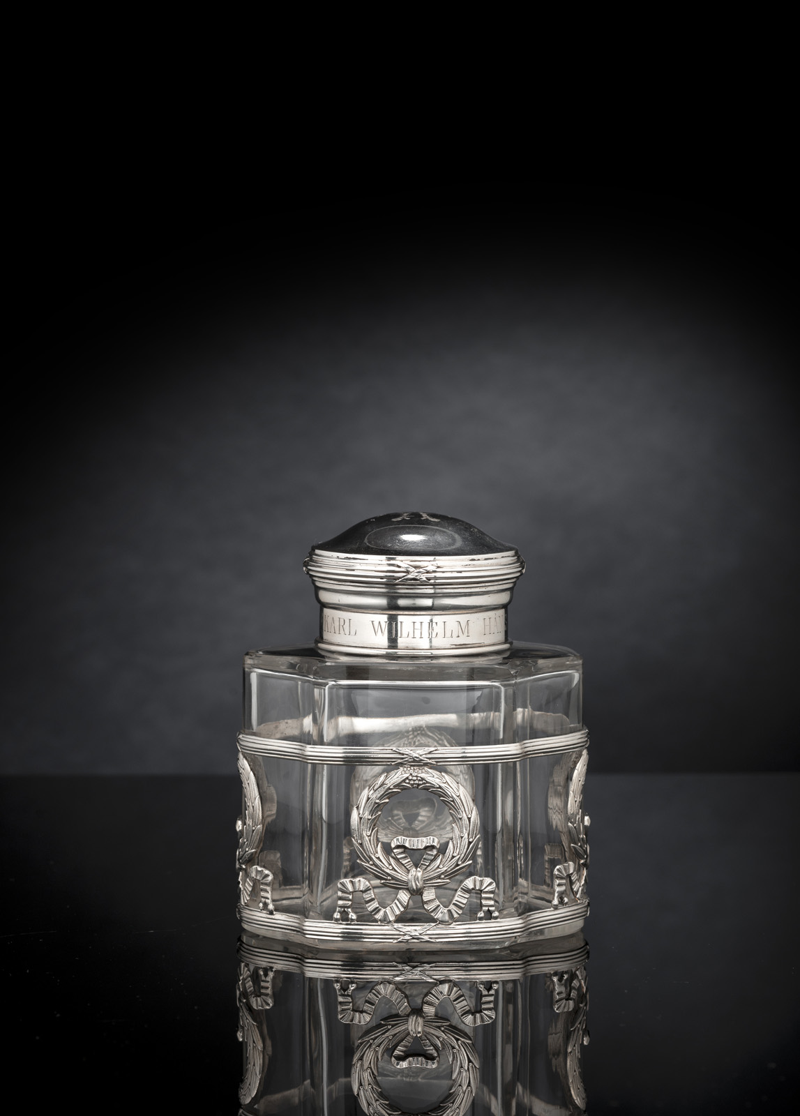 <b>A SILVER MOUNTED GLASS TEA CADDY WITH MONOGRAM AND ENGRAVED NAME 