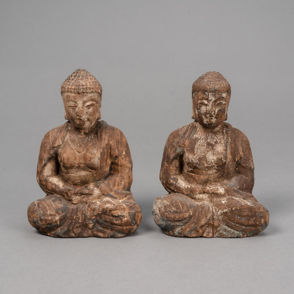 <b>TWO WOOD FIGURES OF SEATED BUDDHA WITH REMNANTS OF COLOUR</b>