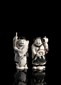 <b>Zwei Okimono aus Elfenbein mit Darstellungen der zwei Glücksgötter Ebisu und Daikoku</b>