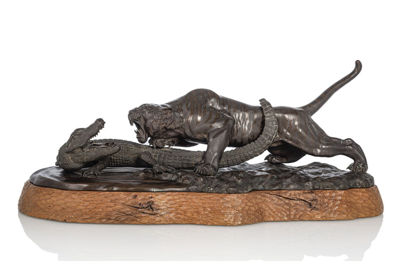 <b>A BRONZE GROUP OF A TIGER AND A CROCODILE  BY SANO TAKACHIKA</b>