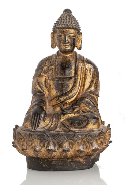 <b>A GILT-BRONZE FIGURTE OF SEATED BUDDHA ON A LOTUS THRONE</b>