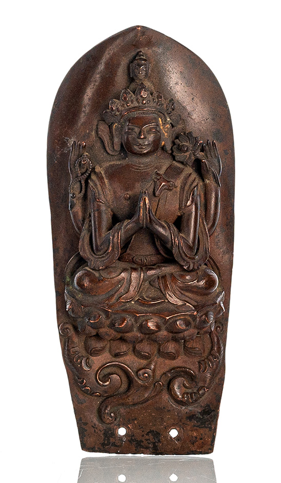 <b>Lotusblatt aus Kupfer von einem großen Lotusthron mit Bodhisattva in Relief</b>