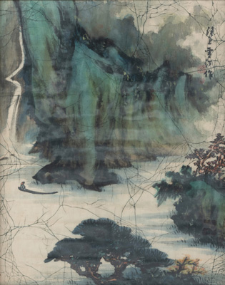 <b>A INK AND COLOR PAINTING ON SILK DEPICTING A GREEN-BLUE LANDSCAPE WITH A BOOT</b>