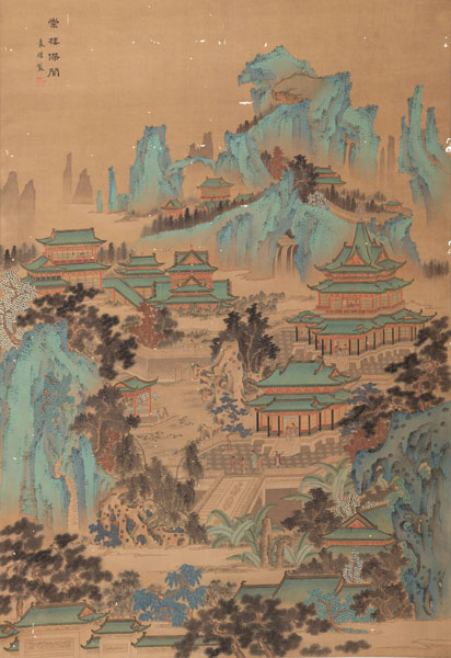 <b>Berglandschaftsmalerei mit Palästen im 'Blau-Grün-Stil' nach dem Qing-Maler Yuan Yao. Tusche und Farben auf Seide, Hängerolle</b>