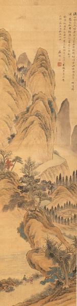 <b>Literatenmalerei einer Gebirgslandschaft mit Reisenden. Tusche und Farben auf Seide</b>