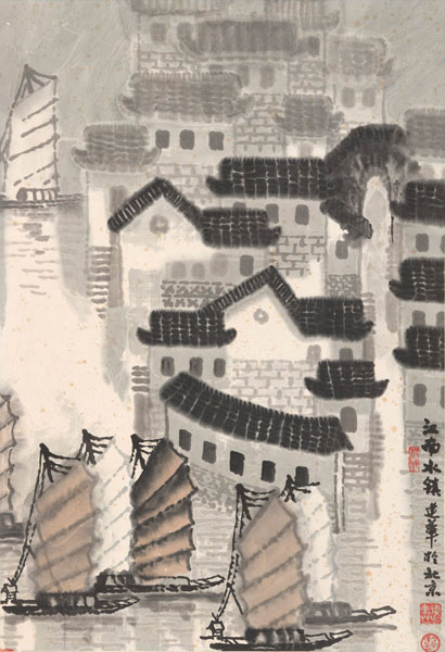 <b>Wu Jianhua: Wasserdorf in Südchina. Tusche und Farben auf Papier, Hängerolle</b>
