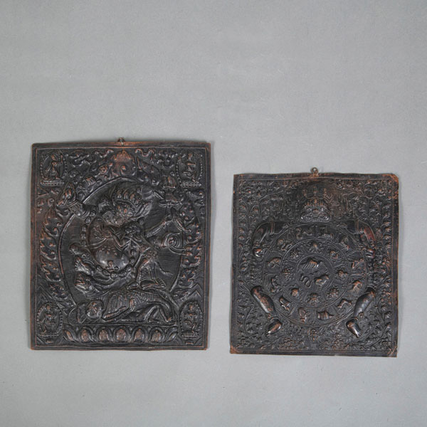 <b>TWO EMBOSSED COPPER RECTANGULAR PLAQUES DEPICTING YAMA AND THE WHEEL OF LIFE</b>