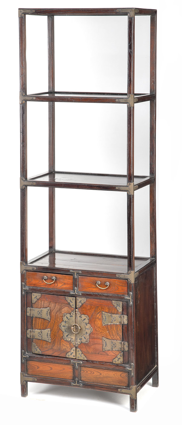 <b>A THREE-TIERED TWO-DOOR AND TWO-DRAWER DISPLAY CABINET WITH BRASS MOUNTINGS</b>
