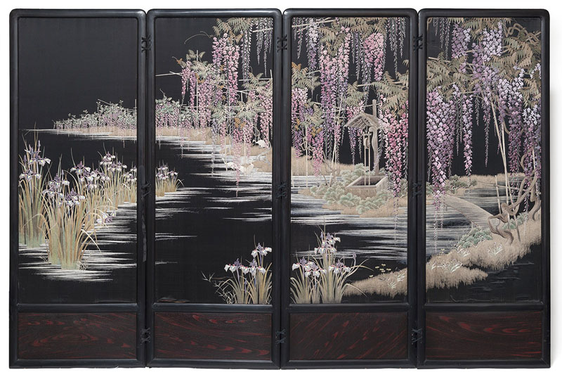 <b>A FOUR-PANEL SCREEN WITH SILK EMBROIDERIES</b>