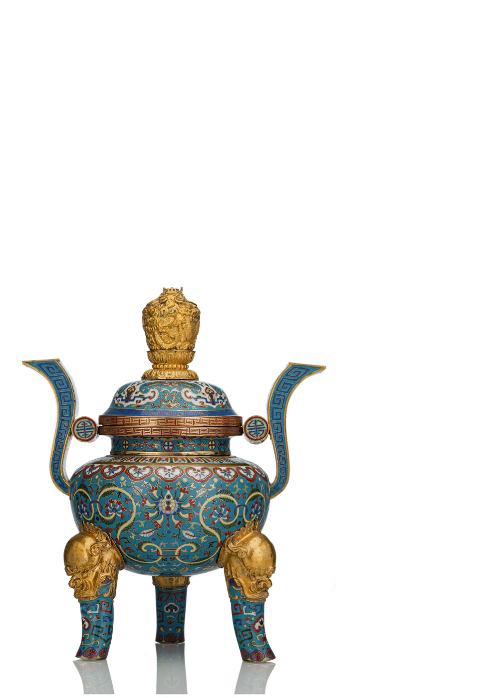 <b>A PART-GILT CLOISONNÉ ENAMEL TRIPOD CENSER AND COVER</b>