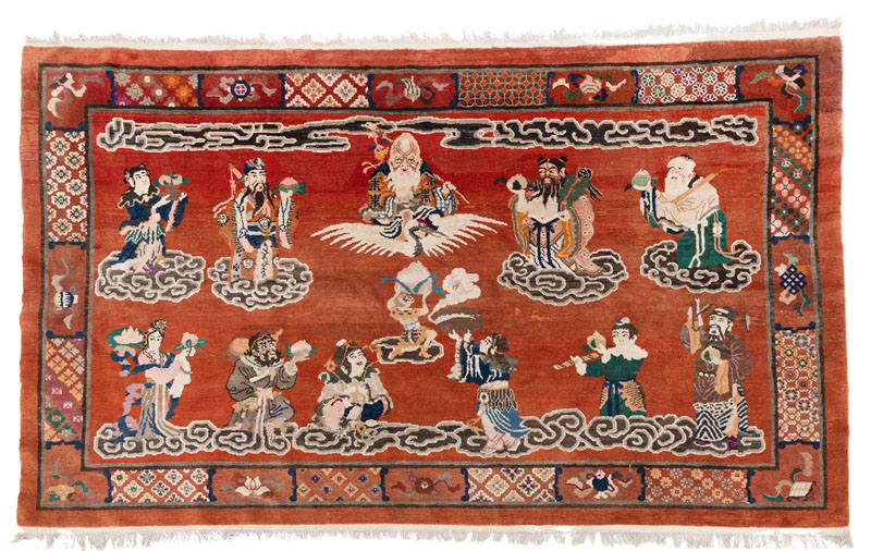 <b>A PAOTOU PICTORIAL CARPET WITH THE EIGHT DAOITS IMMORTALS AND SHOULAO</b>
