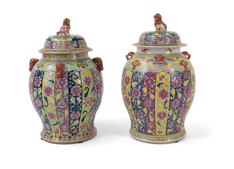 <b>TWO LARGE POLYCHROME PAINTED PORCELAIN VASES AND COVERS WITH FLORAL DECORATION AND MASCARONS AROUND THE SHOULDER</b>