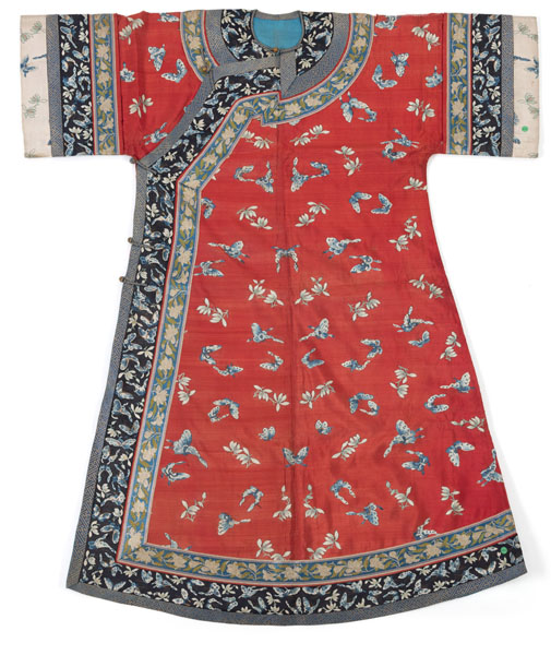 <b>A WOMAN'S 'KESI' ROBE FROM RED SILK WITH BUTTERFLIES AND ORCHIDS</b>