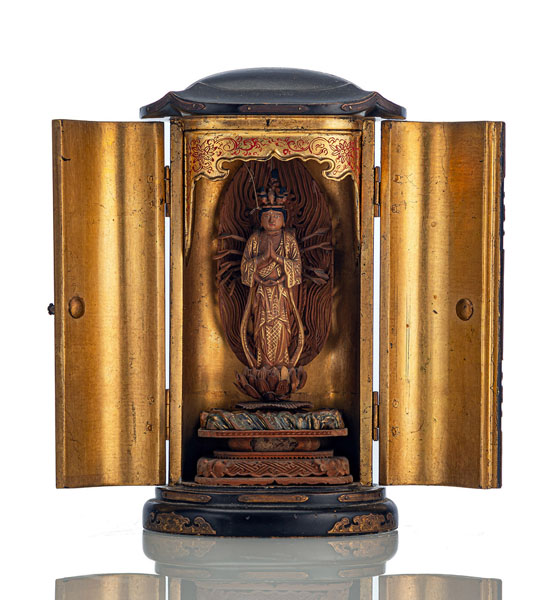 <b>A POLYCHROME AND GILT-LACQUERED WOOD SHRINE WITH KANNON</b>