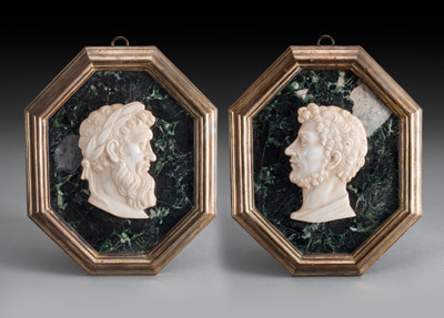 <b>TWO ITALIAN BRONZE MOUNTED MARBLE RELIEF PORTRAITS OF ROMAN EMPERORS</b>
