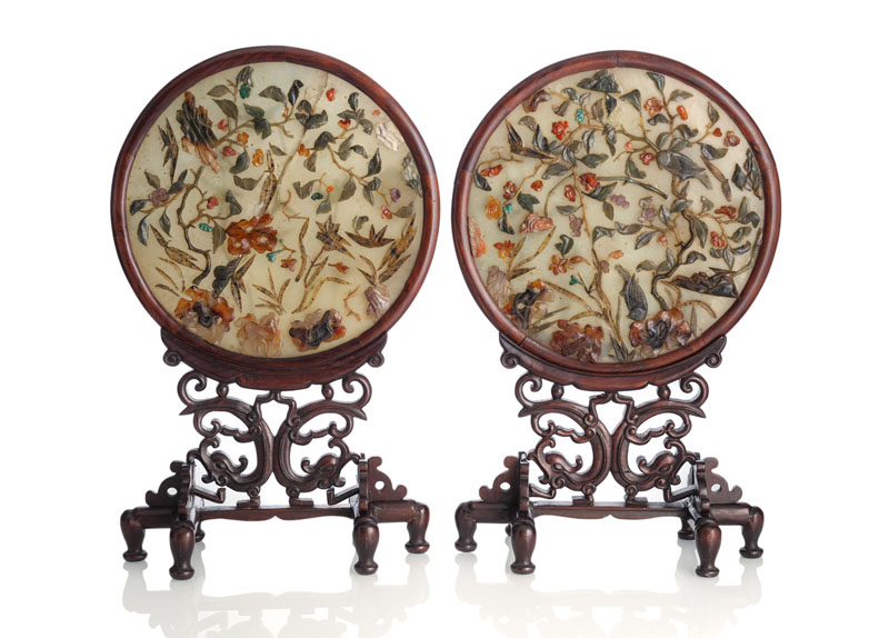 <b>A PAIR OF CARVED WOOD TABLE SCREENS WITH STONE EMBELLISHED JADE PANELS</b>