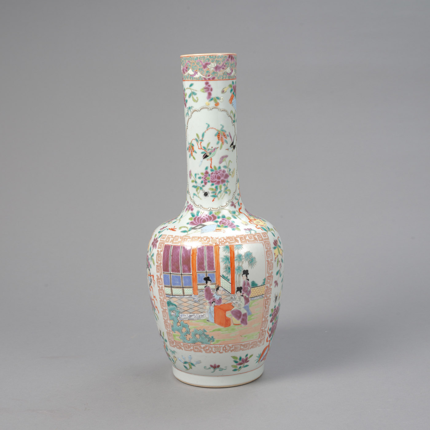 <b>A 'FAMILLE ROSE' LONG NECKED PORCELAIN VASE WITH FIGURES, BLOSSOMS, INSECTS AND BIRDS</b>