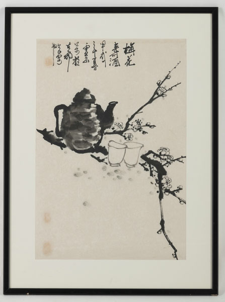 <b>Tuschmalerei auf Papier mit Darstellung einer Weinkanne und Pflaumenblüten</b>