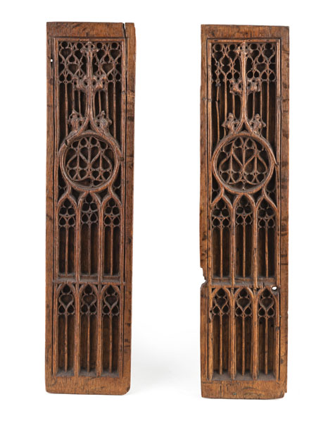 <b>A PAIR OF GOTHIC CARVED OAK PENALS</b>