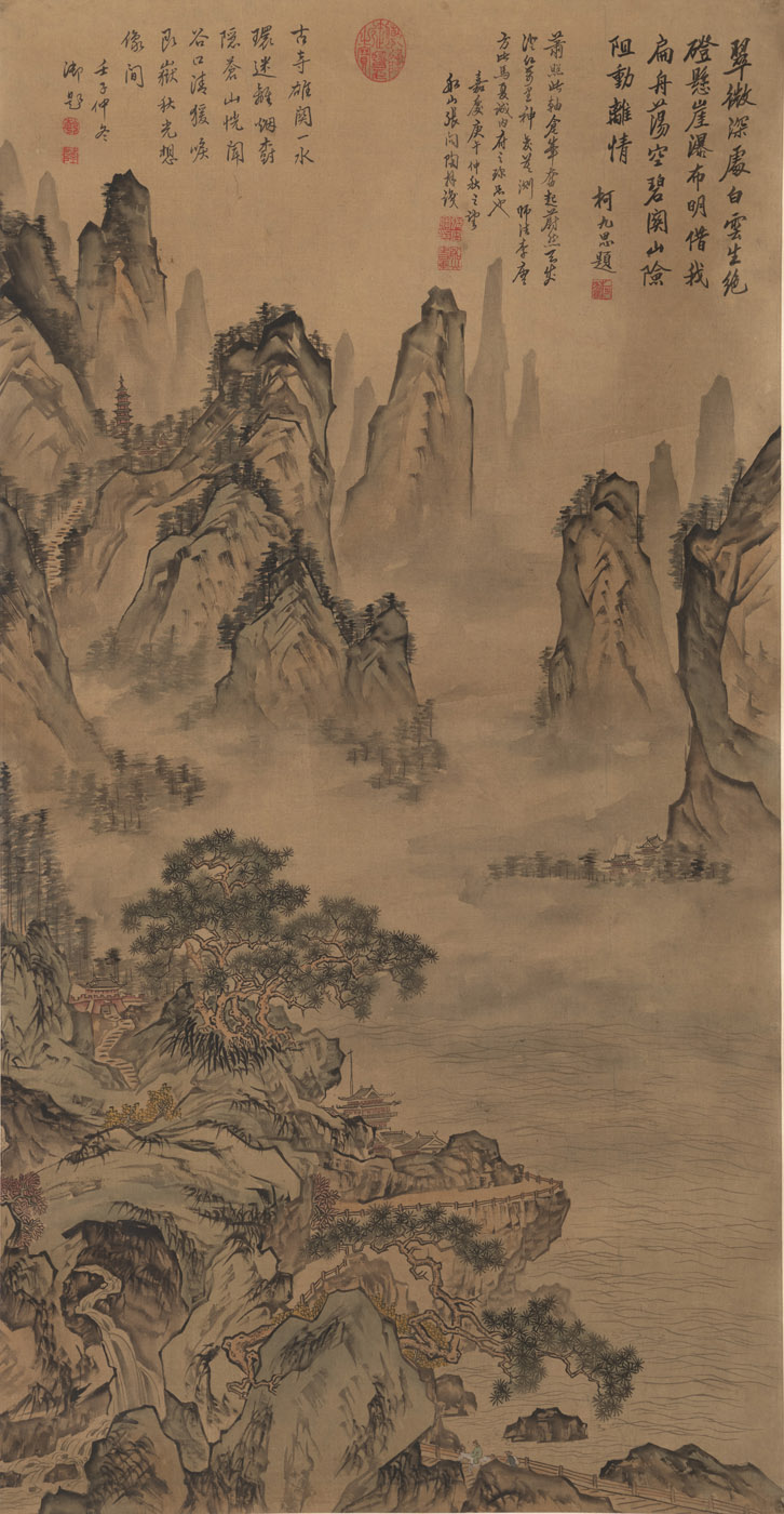 <b>A LANDSCAPE PAINTING AFTER XIAO ZHAO WITH TRAVELERS . INK AND COLORS ON SILK, MOUNTED AS HANGING SCROLL</b>