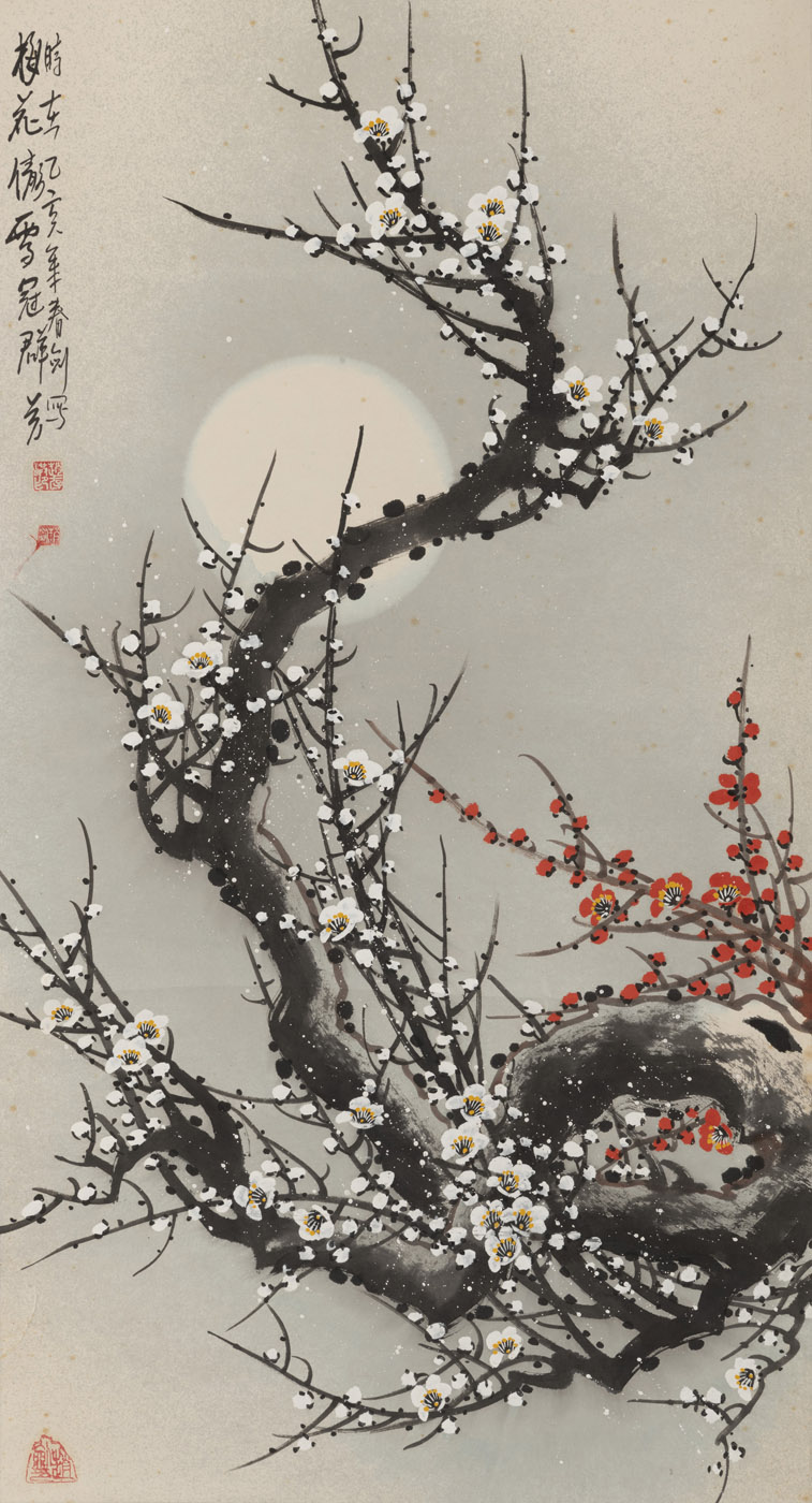 <b>AN INK AND COLOUR PAINTING OF FLOWERING PLUM SPRAYS IN THE SNOW UNDER A FULL MOON, MOUNTED AS A HANGING SCROLL</b>