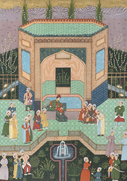 <b>AN ANONYMOUS PAINTING OF A PALACE SCENE IN MUGHAL STYLE ON SILK</b>