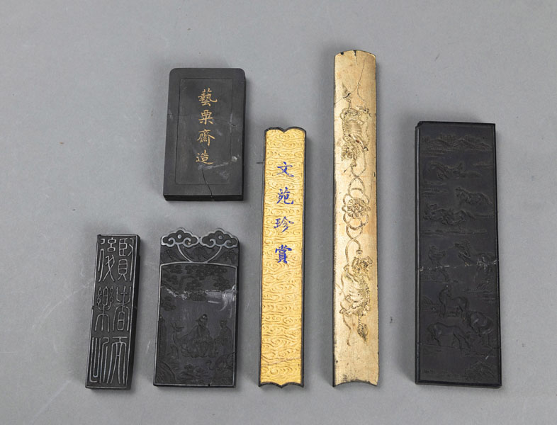 <b>SIX INK BARS DEPICTING THE EIGHT HORSES, SHOULAO, LIONS, PARTIALLY GILT</b>