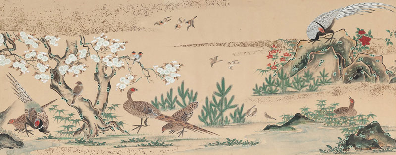 <b>A PAINTING OF PHEASANTS AND OTHER BIRDS NEAR A BODY OF WATER</b>