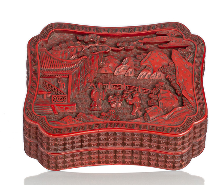 <b>A WELL CARVED CINNABAR LACQUER BOX AND COVER WITH SCHOLAR AND PAGE BOY</b>