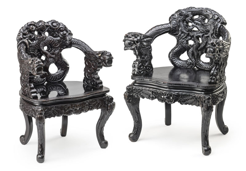 <b>A PAIR OF OPENWORK COILED DRAGON BACKREST ARMCHAIRS</b>
