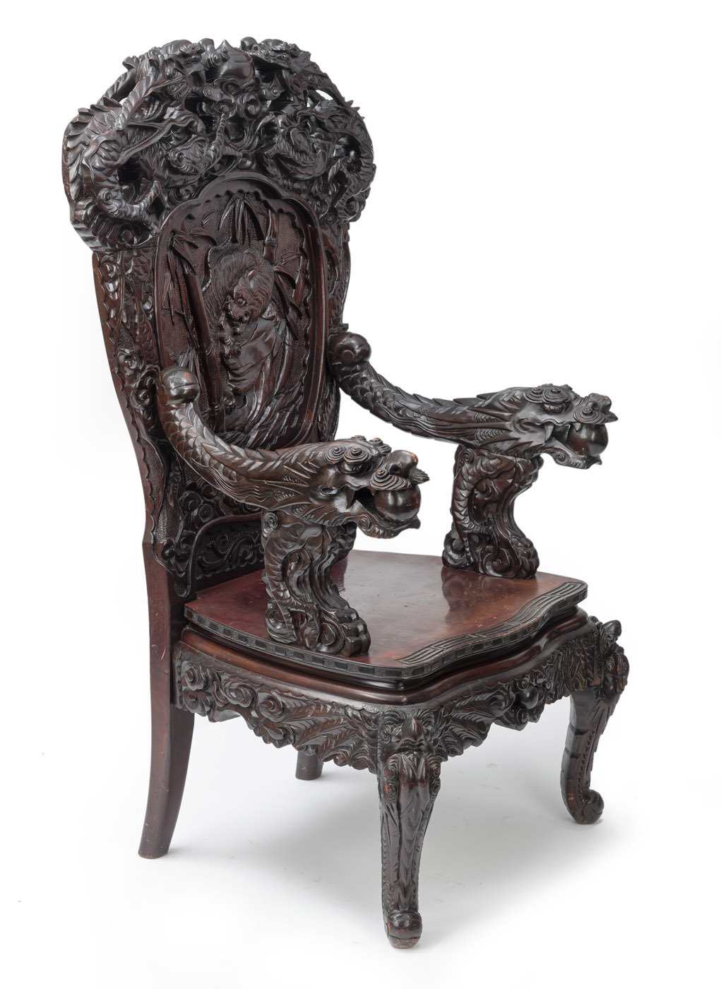 <b>A THRONAL ARMCHAIR WITH 'TIGER IN A BAMBOO GROVE' RELIEF BACKREST</b>