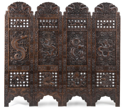 <b>A FOUR-PART OPENWORK DRAGON FOLDING SCREEN</b>