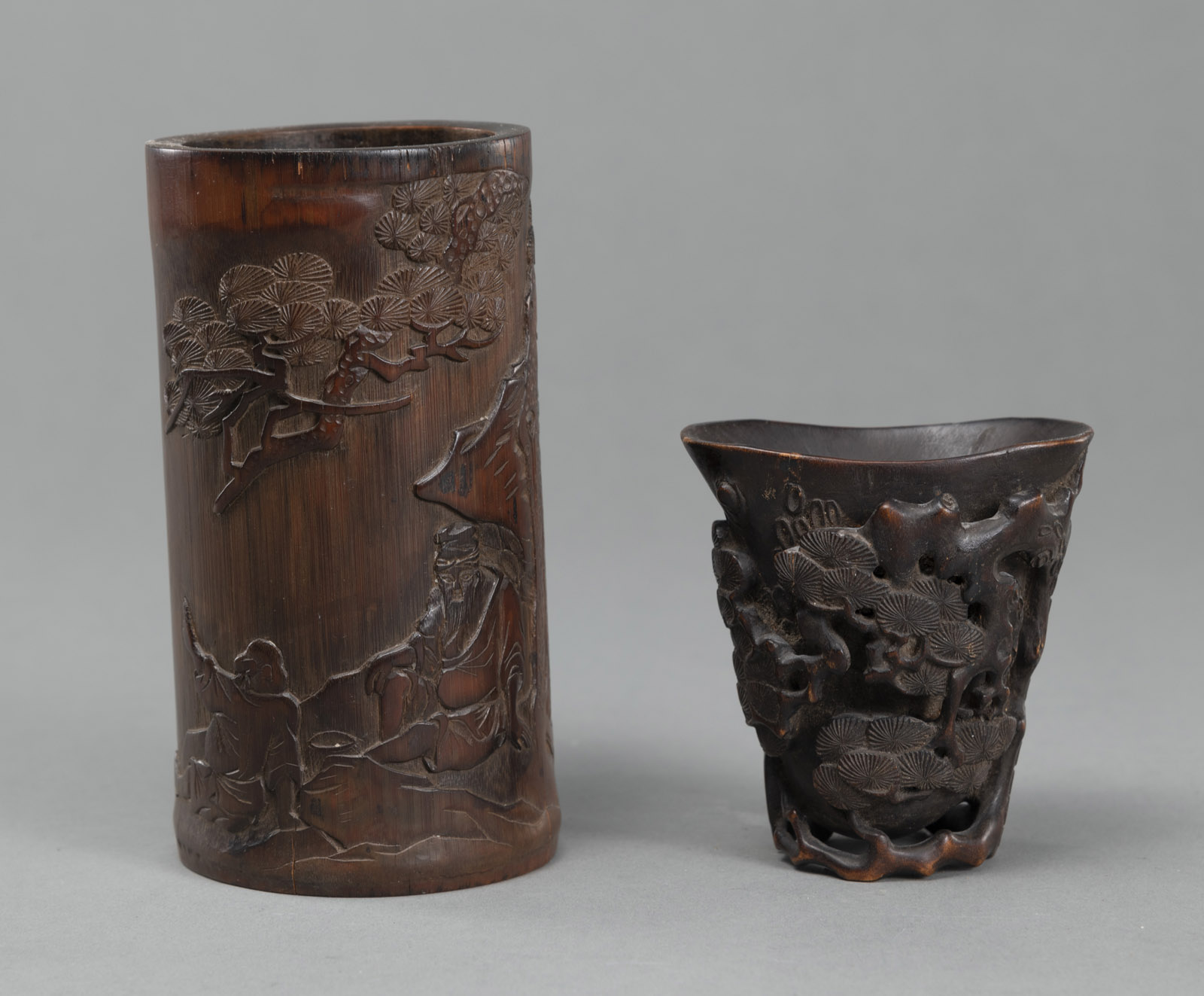 <b>A BAMBOO BRUSHPOT AND A WOOD LIBATION CUP</b>