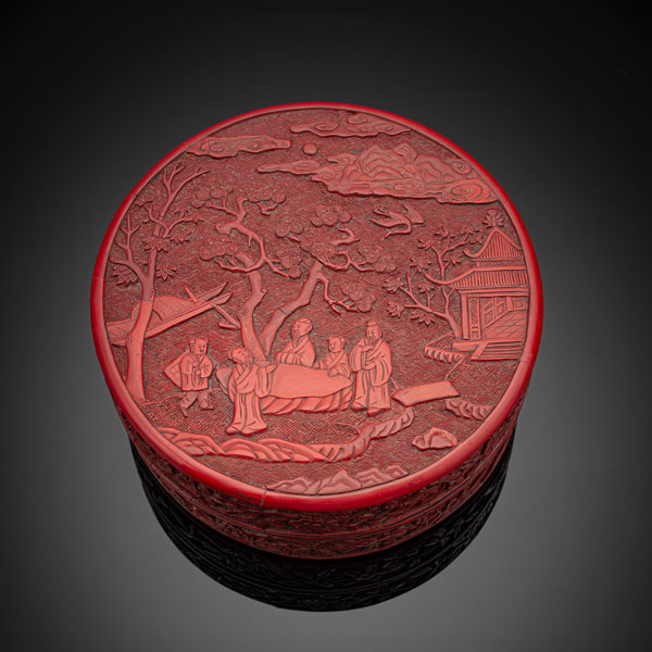 <b>A RARE CARVED CIRCULAR CINNABAR LACQUER BOX AND COVER</b>