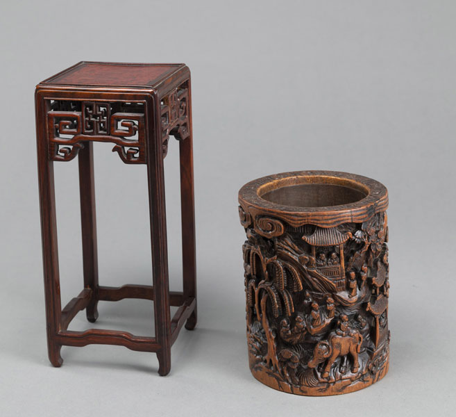 <b>A BAMBOO BRUSHPOT AND A WOOD STAND</b>