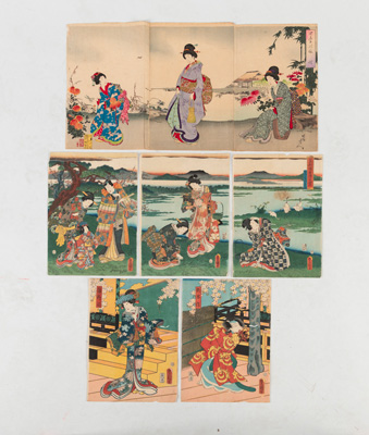 <b>LOT OF COLOR WOODBLOCK PRINTS: A TRIPTYCH WITH BIJIN IN AUTUMN, A TRIPTYCH WITH BIJIN AND A DIPTYCH WITH ACTORS</b>