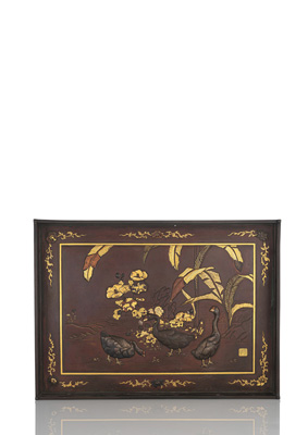 <b>A FINE MIXED METAL TRAY WITH GEESE IN A GARDEN</b>