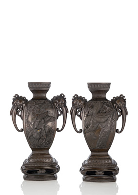 <b>A PAIR OF FINELY CAST AND DETAILED WORKED PAIR OF BRONZE  VASES BY SUZUKI CHOKICHI (1848-1919)</b>