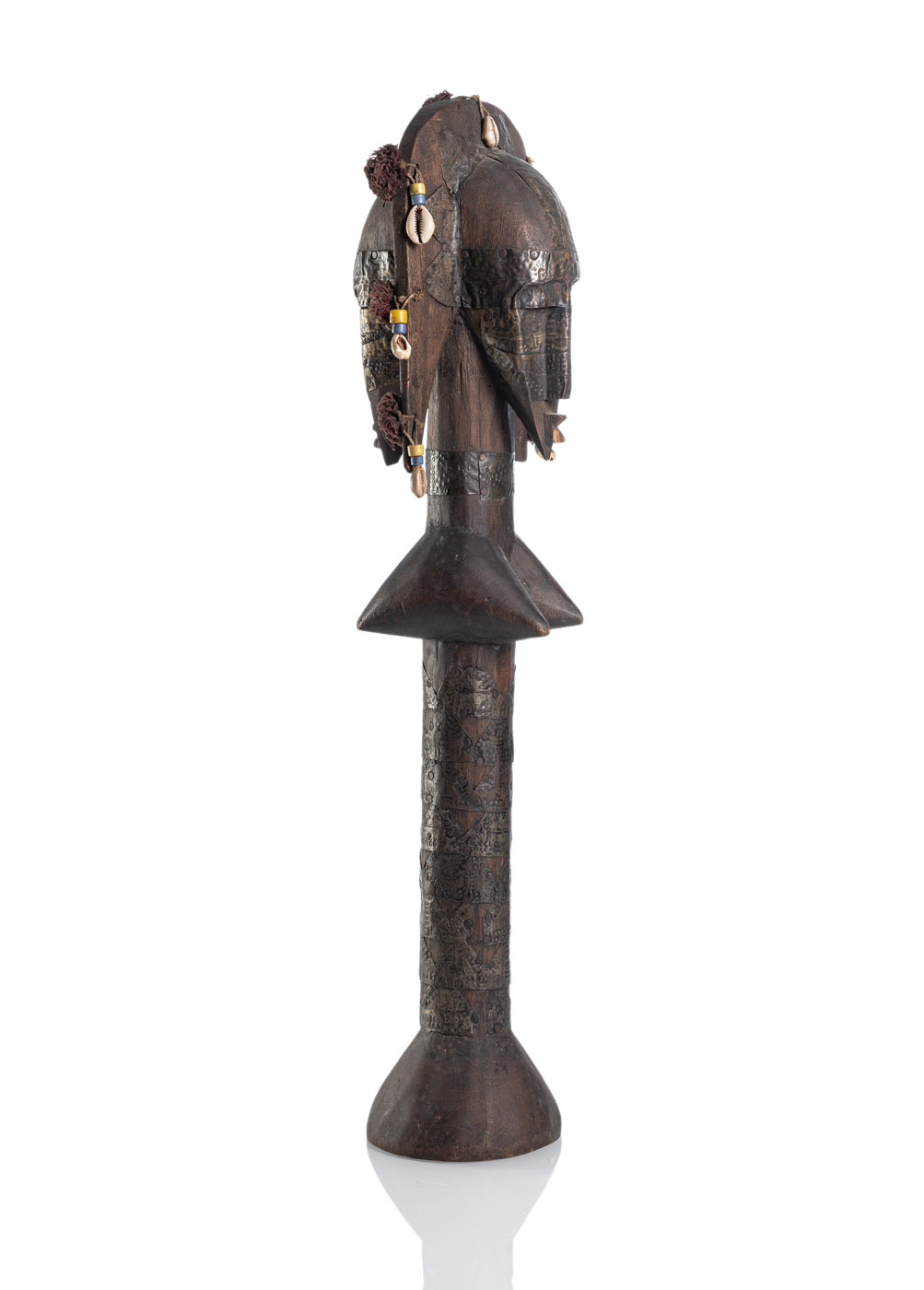 <b>A  FIGURAL WOOD STAFF IN SHAPE OF A WOMAN DECORATED WITH METALL PLACQUES</b>