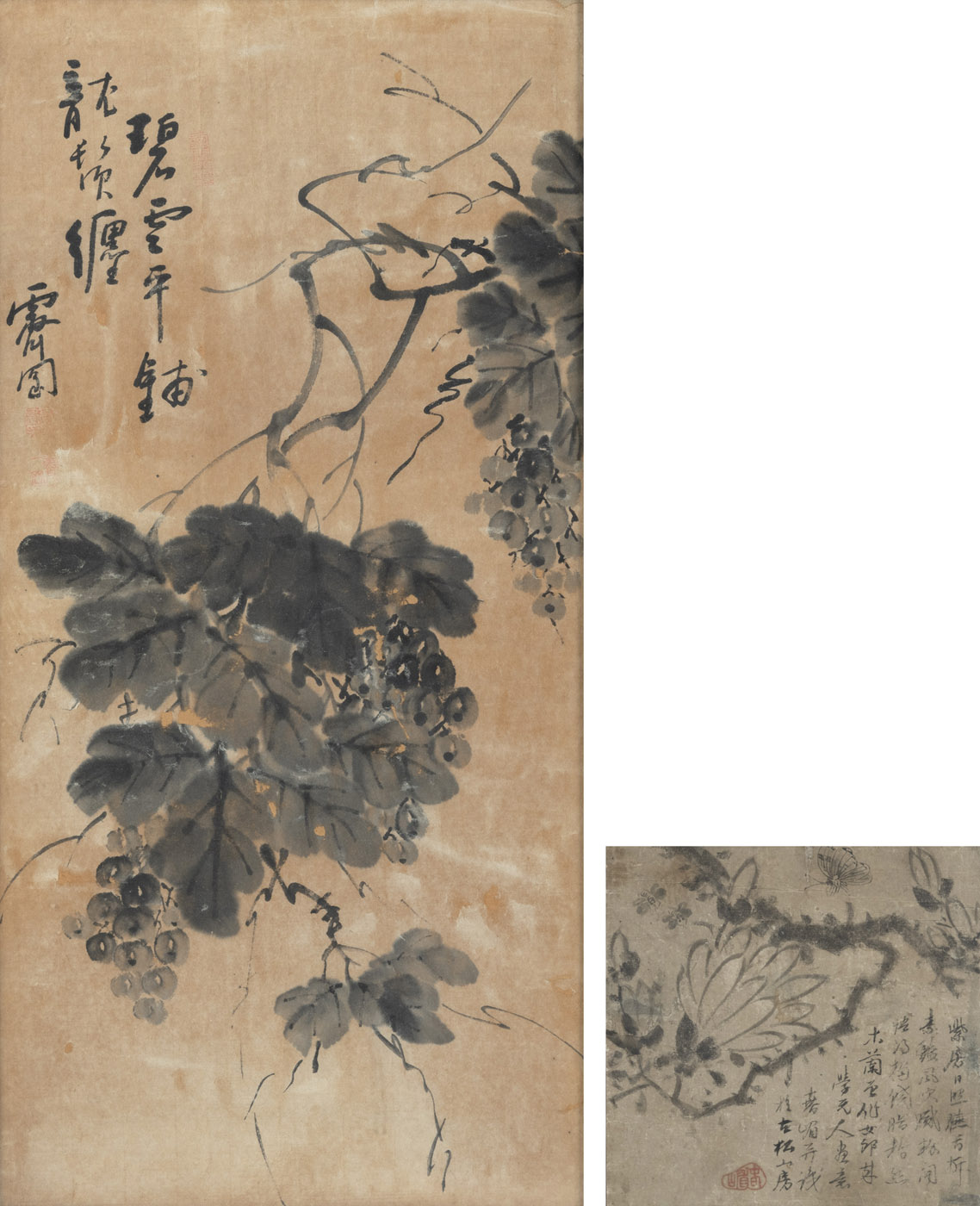 <b>Zwei Tuschmalereien auf Papier: Trauben und Magnolie mit Schmetterling</b>