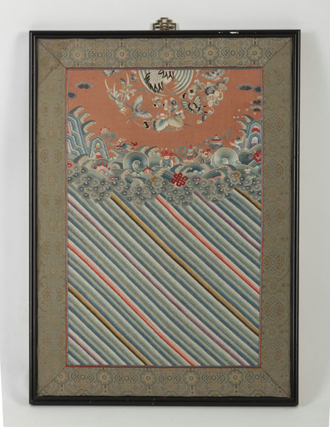 <b>A COLORFULLY EMBROIDERED SILK ROBE FRAGMENT WITH 'LISHU' PATTERN AND THE HALF OF A CRANE/BUTTERFLY MEDALLION</b>