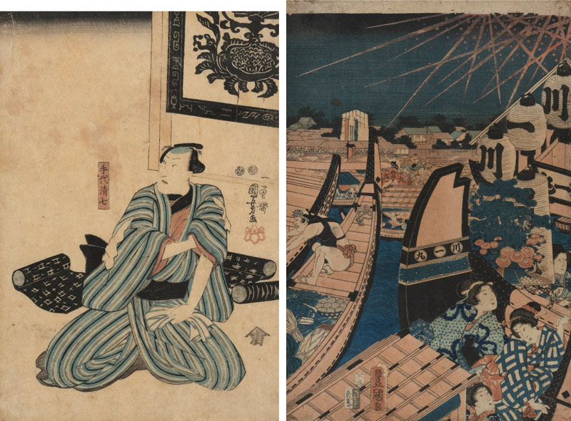 <b>Zwei Farbholzschnitte: Teil des Triptychons 'Tōto ryōgokubashi kawabiraki han'ei' von Utagawa Kunisada (1786-1865) und Teil eines Diptychons Okaji mit Seshichi von Utagawa Kuniyoshi (1797-1861)</b>